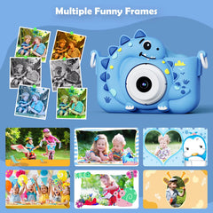 Cute mini kids camera with dinosaur design features multiple funny frames, 1080P HD video, and includes a 32G card for educational toy fun.