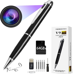 1080P Camera Pen with 64GB memory and accessories for discreet surveillance.