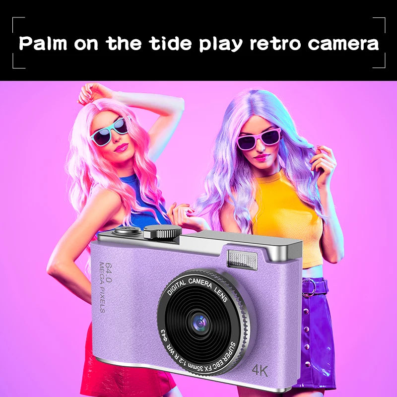 Digital Camera 4K 64MP with two people in vibrant outfits holding the camera against a pink background.