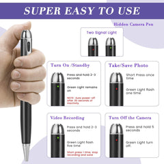 1080P Camera Pen with easy controls, 64GB memory, nanny cam features.