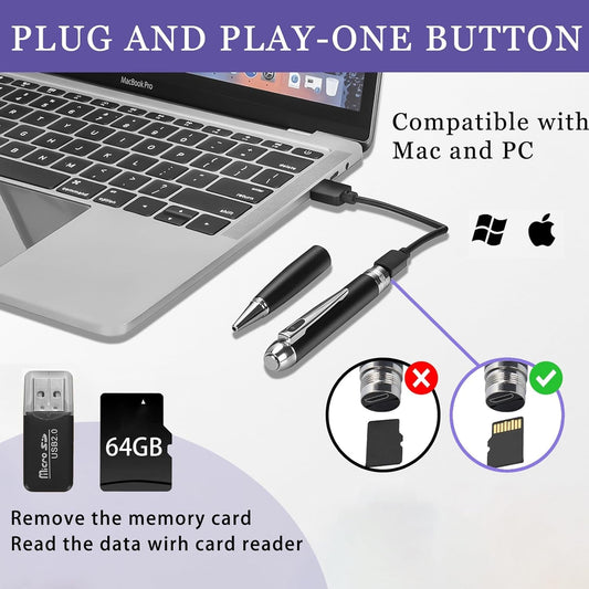 1080P camera pen with plug-and-play one button operation and 64GB memory, compatible with Mac and PC.