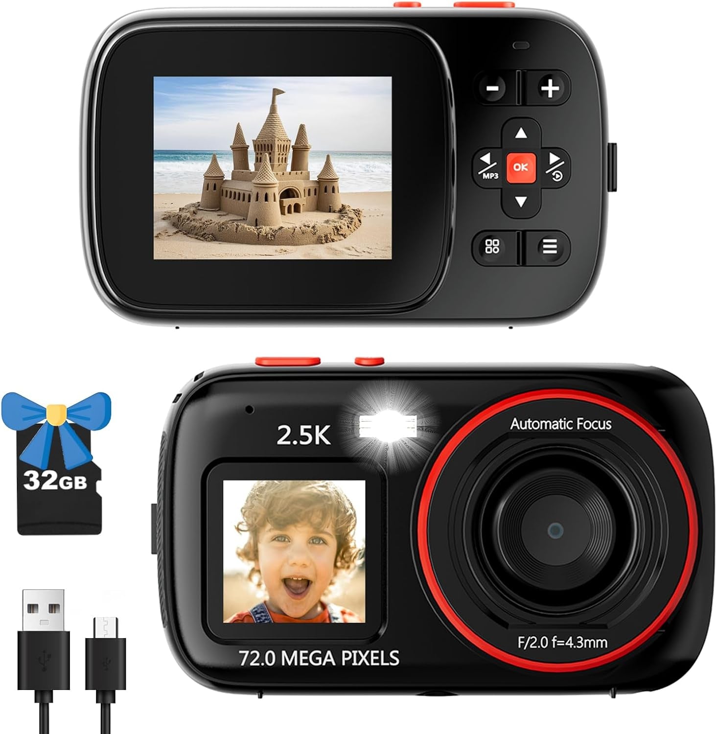 Dual screen autofocus 16X zoom FHD 1080P 72MP vlogging camera with 32GB card, compact design, black.