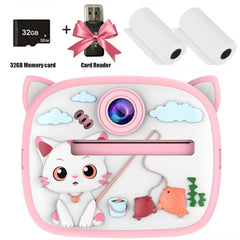 Children's digital camera with instant print, rabbit design, thermal printing, 32GB memory.