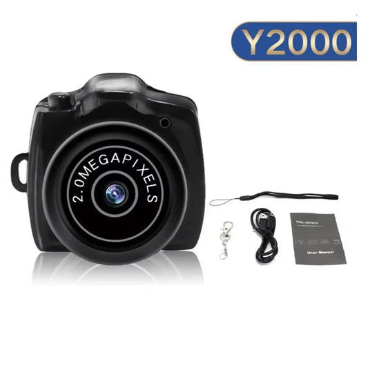 64GB Mini Camera Y2000 model with accessories, featuring 2.0 megapixels, keychain, and USB cable.