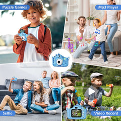 Cute mini kids camera with 32G card, perfect for educational gifts; features 1080P HD video, selfie mode, video recording, and fun games for children.