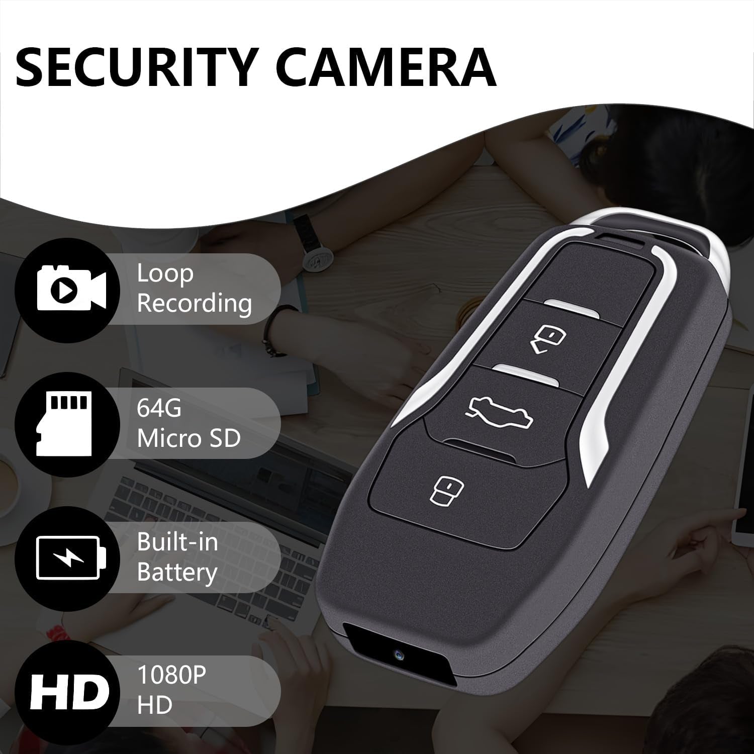 1080P small nanny camera with motion detection, 64GB memory, and built-in battery for security.