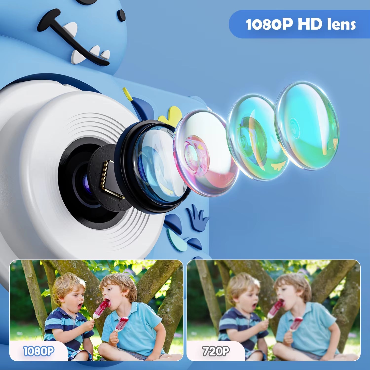 Cute mini kids camera with 1080P HD lens and dual image display; perfect educational toy with 32G card for video shooting.