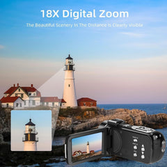 Video camera camcorder with 18X digital zoom capturing a lighthouse, showcasing Full HD 1080P capabilities and 270-degree LCD rotation.