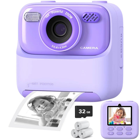 Upgrade Kids Camera 1080P HD Dual Lens Selfie Digital Camera for Boys & Girls with 32GB memory, instant print feature, and purple design.