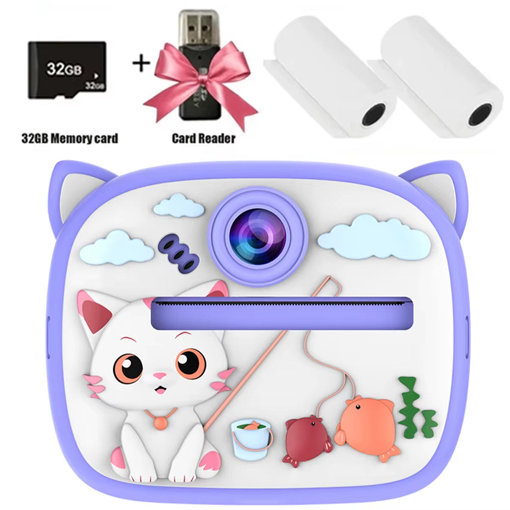 Kids instant print digital camera with adorable rabbit design, thermal printing, and 32G memory card.