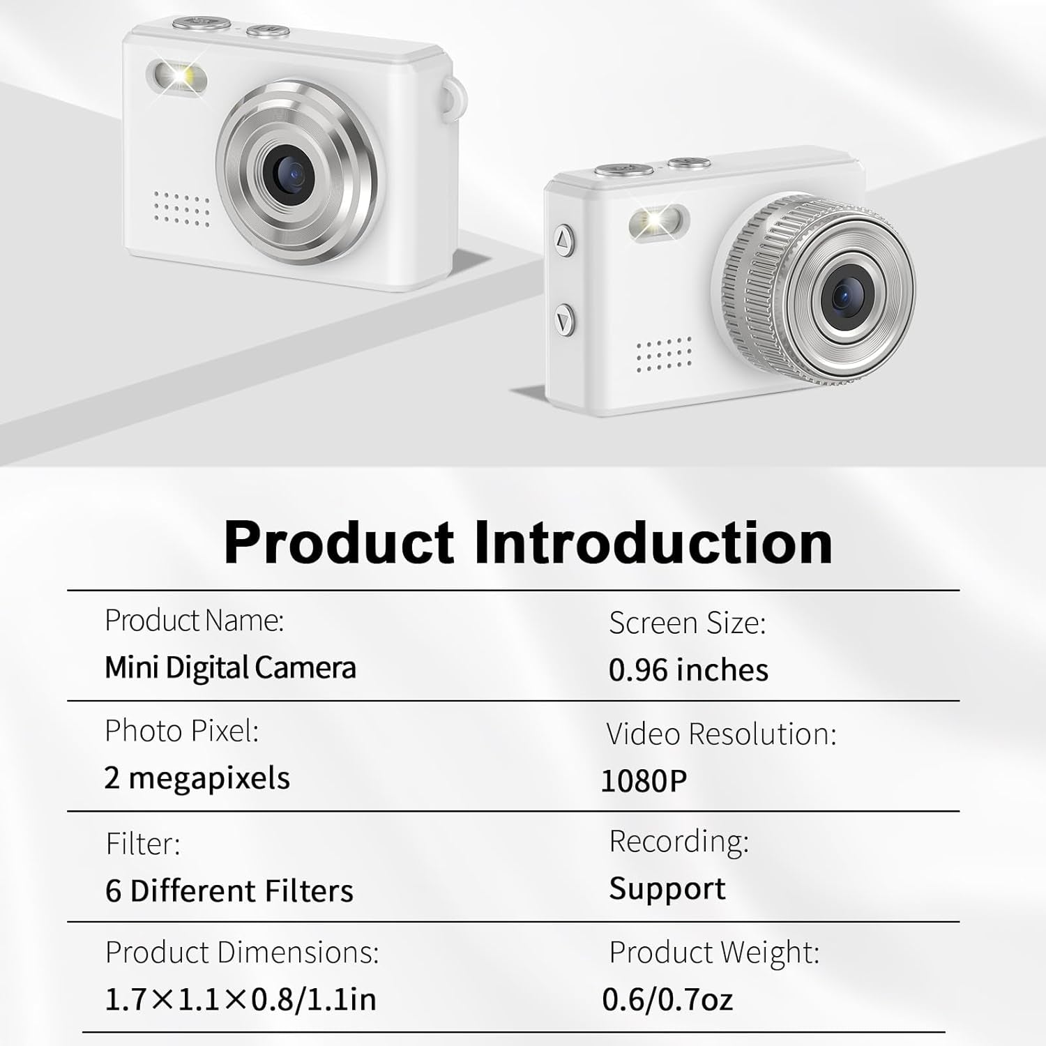 Mini digital camera keychain with 2MP lens and 1080P video, compact and portable in white.