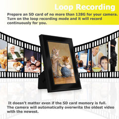 Audio security nanny camera in 1080P HD integrated in photo frame, featuring loop recording, motion detection, and discreet design for home or travel use.