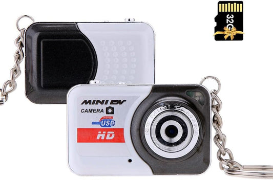 Ultra mini Digital Camera X6 on keychain with 32GB memory card, ideal for portable high-definition video and photos.