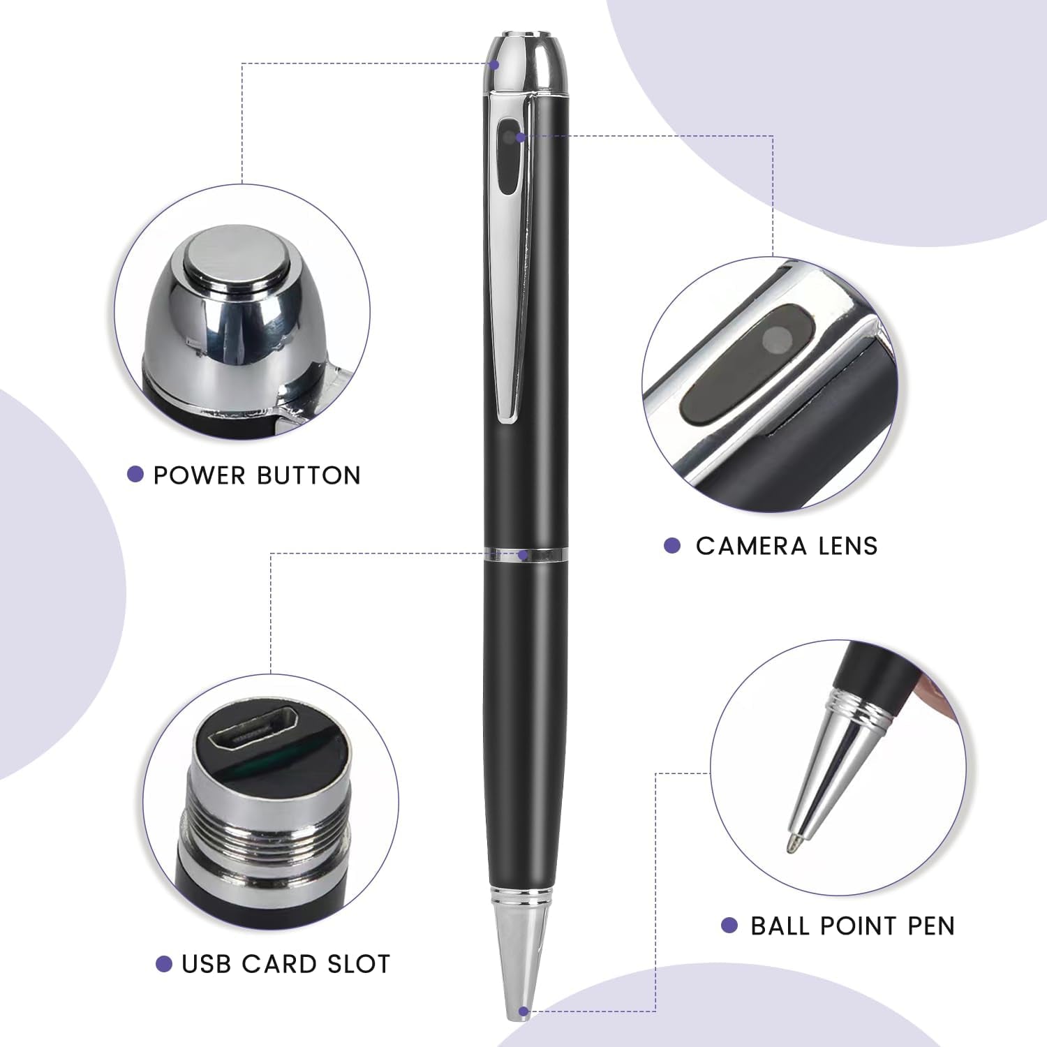 1080P camera pen with USB card slot and power button, discreet body cam design for surveillance.