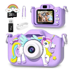 Mini kids camera with unicorn design, 32GB SD card, and accessories. Ideal gift for children.