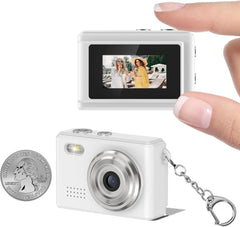 Mini digital camera keychain in white, compact design, HD video, portable recorder.