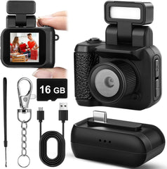 Flash Light 1080P mini pixel camera; small retro portable chain camera with accessories and 16GB memory.