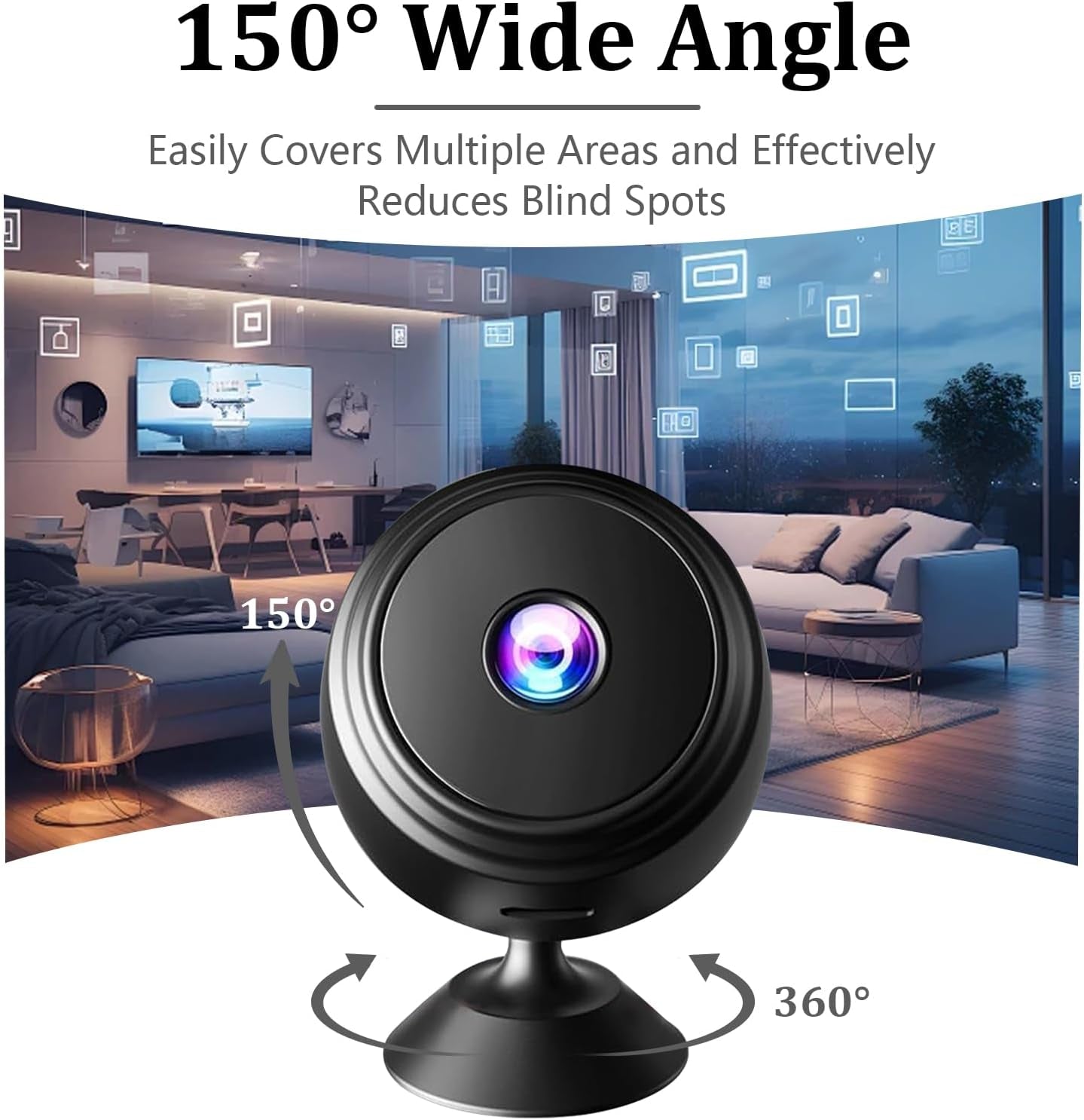 Mini spy camera with 150° wide-angle lens for comprehensive indoor surveillance, ideal for home and office security.