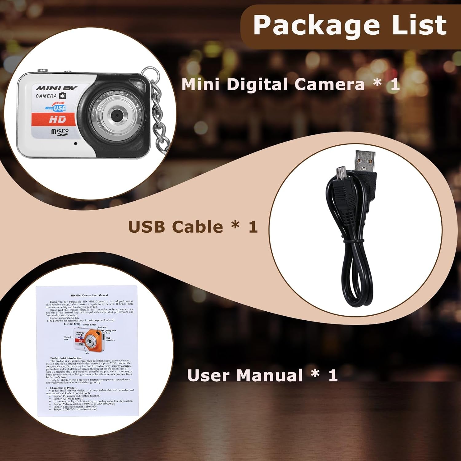 Package contents of Digital Camera X6 Portable Camera Keychain, includes mini digital camera, USB cable, and user manual.