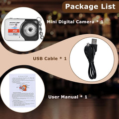 Package contents of Digital Camera X6 Portable Camera Keychain, includes mini digital camera, USB cable, and user manual.