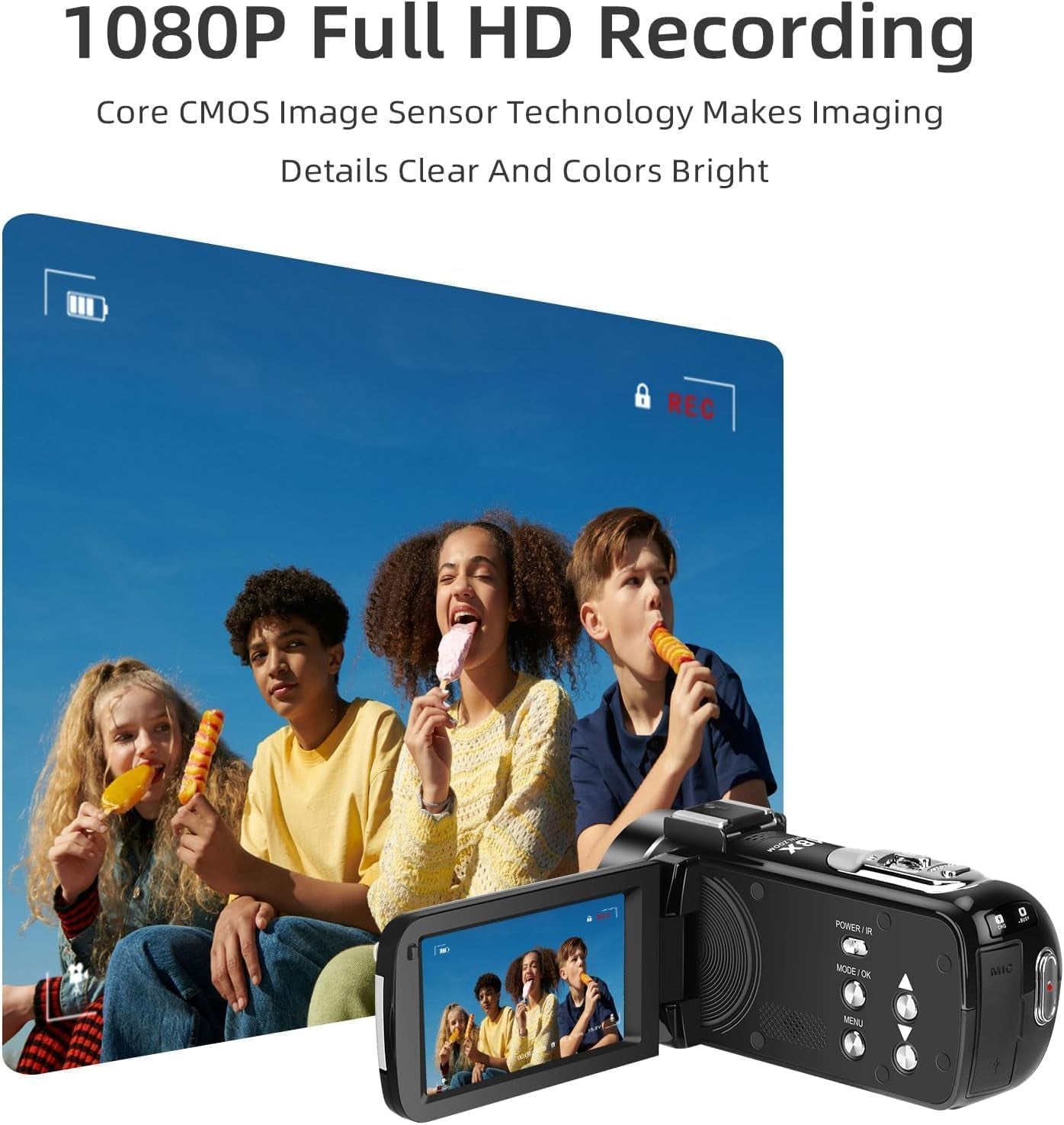 Video camera camcorder with LCD screen displaying a group enjoying ice creams, emphasizing 1080P Full HD recording.