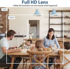 Wifi clock hidden camera showing 1080p HD lens with a focus on a family dining scene, highlighting indoor security.