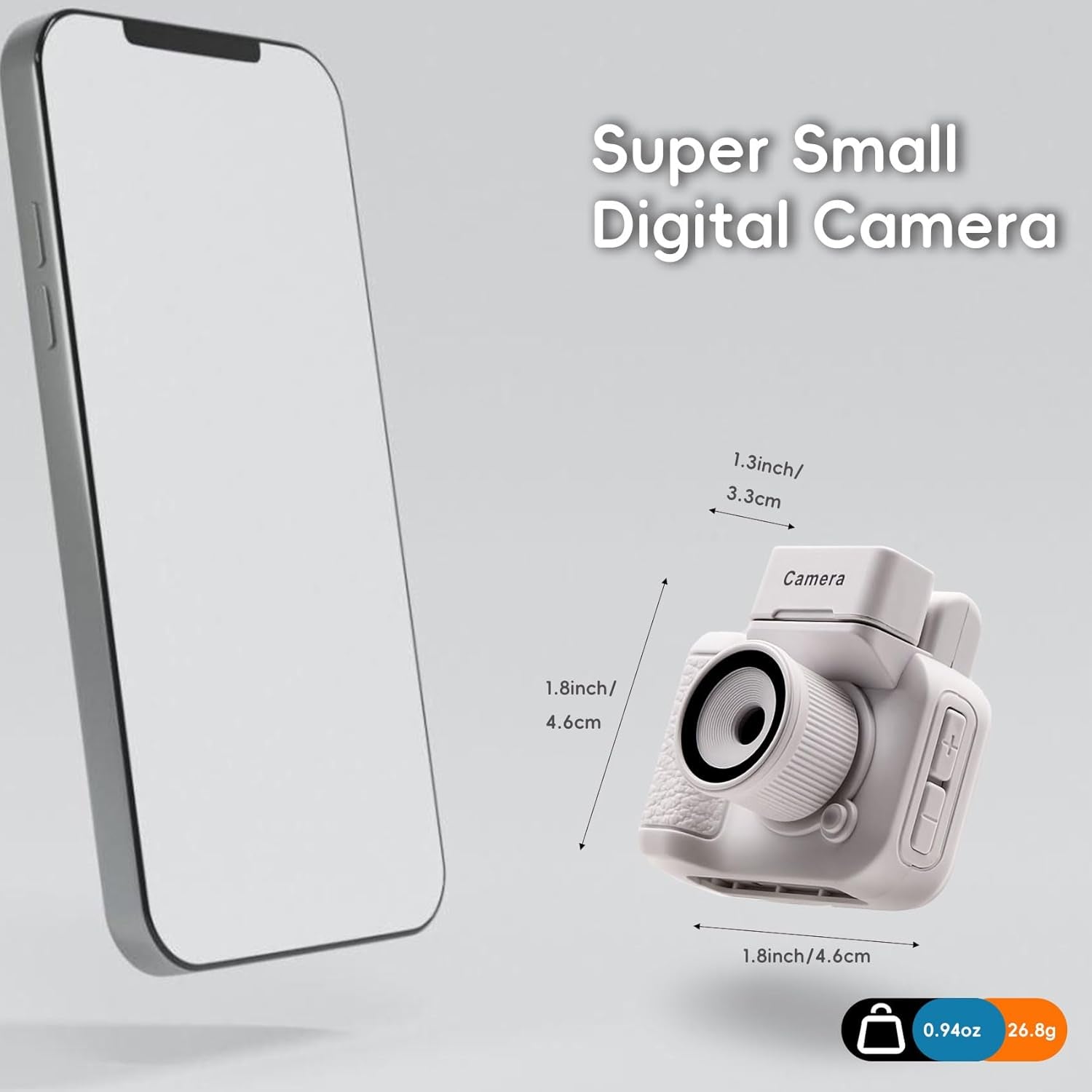 Super small digital camera with 1.4-inch LCD screen and 1080P video, shown next to a smartphone for size comparison.