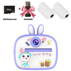 Adorable rabbit design kids digital camera with instant thermal printing and 32GB memory card.