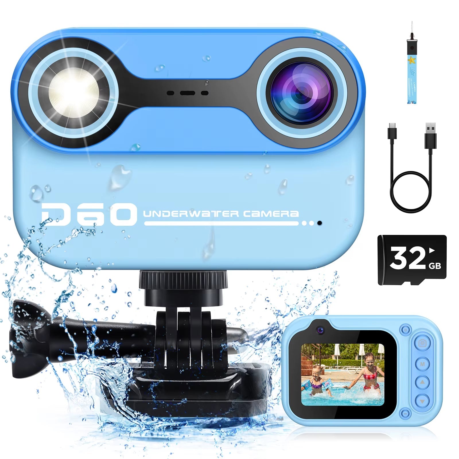 HD waterproof kids camera with 32GB card, ideal for underwater photography, ages 3-12.