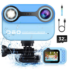 HD waterproof kids camera with 32GB card, ideal for underwater photography, ages 3-12.