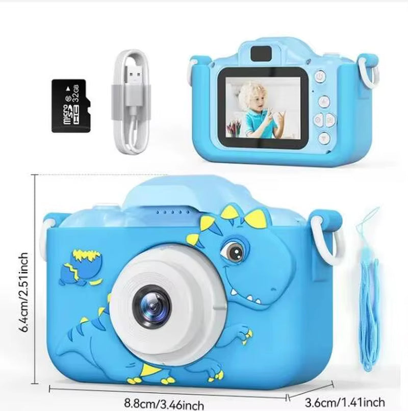 Mini kids camera with 32G SD card, blue dinosaur design, perfect gift for boys and girls birthdays, Christmas.