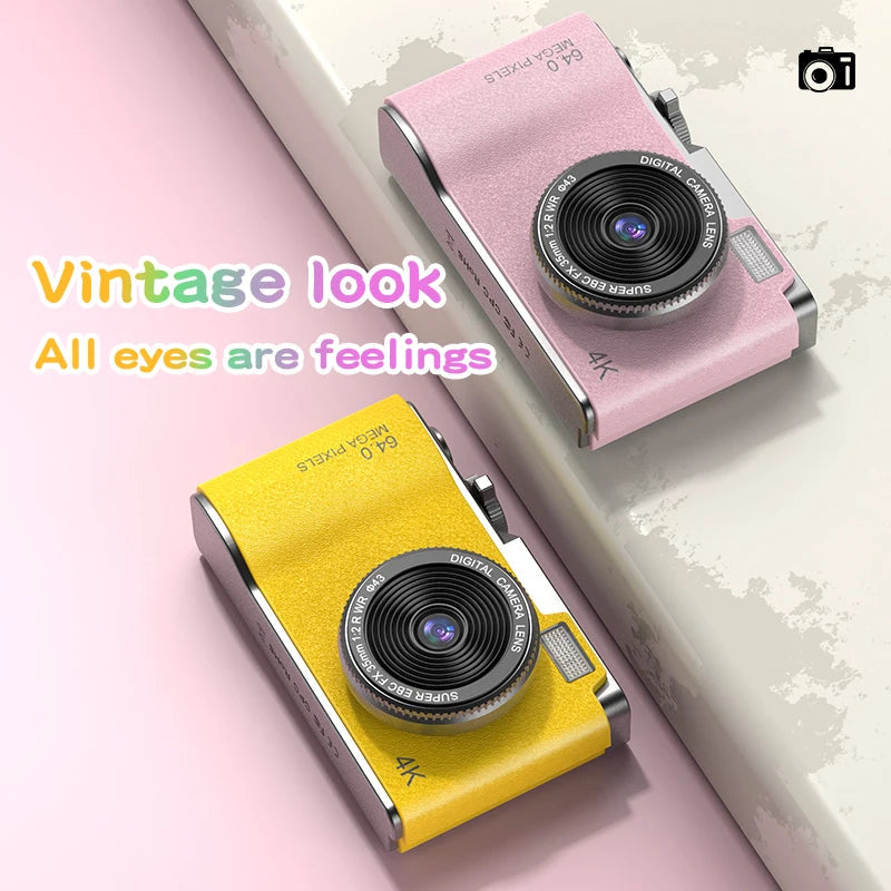 Digital Camera 4K 64MP with vintage look in pink and yellow, ideal for beginners and kids.