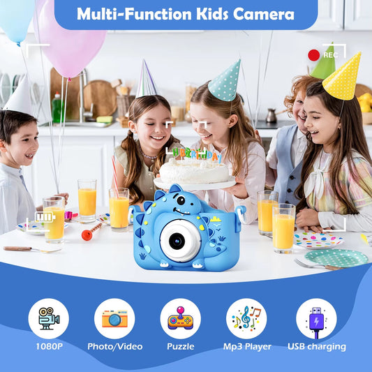 Kids celebrating a birthday with a blue mini camera featuring 1080P HD video and USB charging, highlighted for educational play.