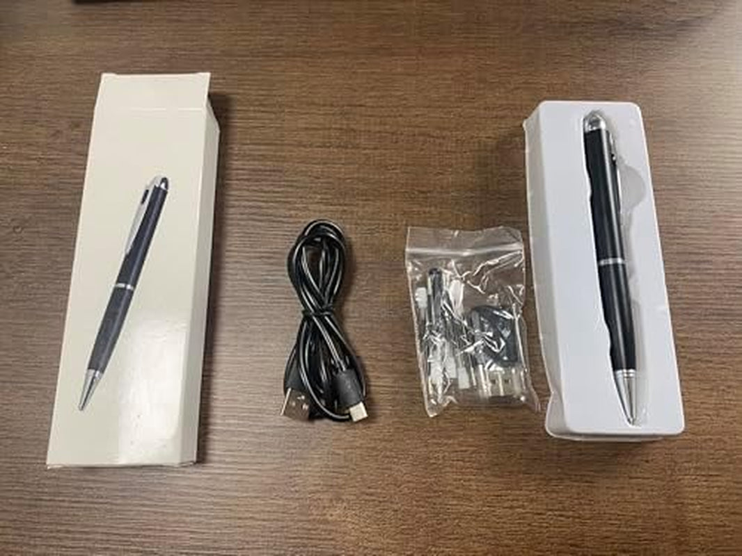 1080P Camera Pen with accessories and packaging, featuring discreet surveillance design with USB cable and extra components.