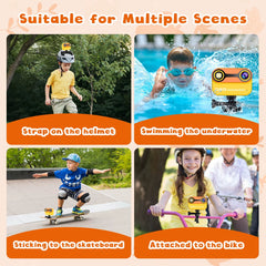 Waterproof kids camera used during outdoor activities like swimming, biking, and skateboarding.