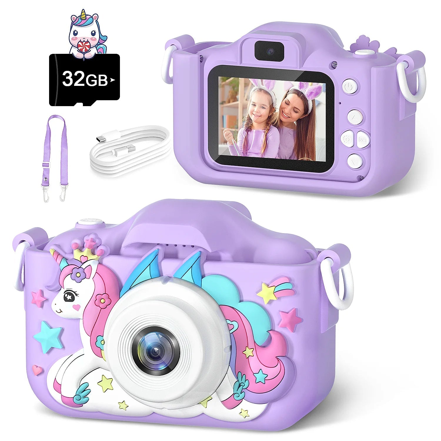 Mini kids camera with purple unicorn silicone case, 32GB SD card, and lanyard.