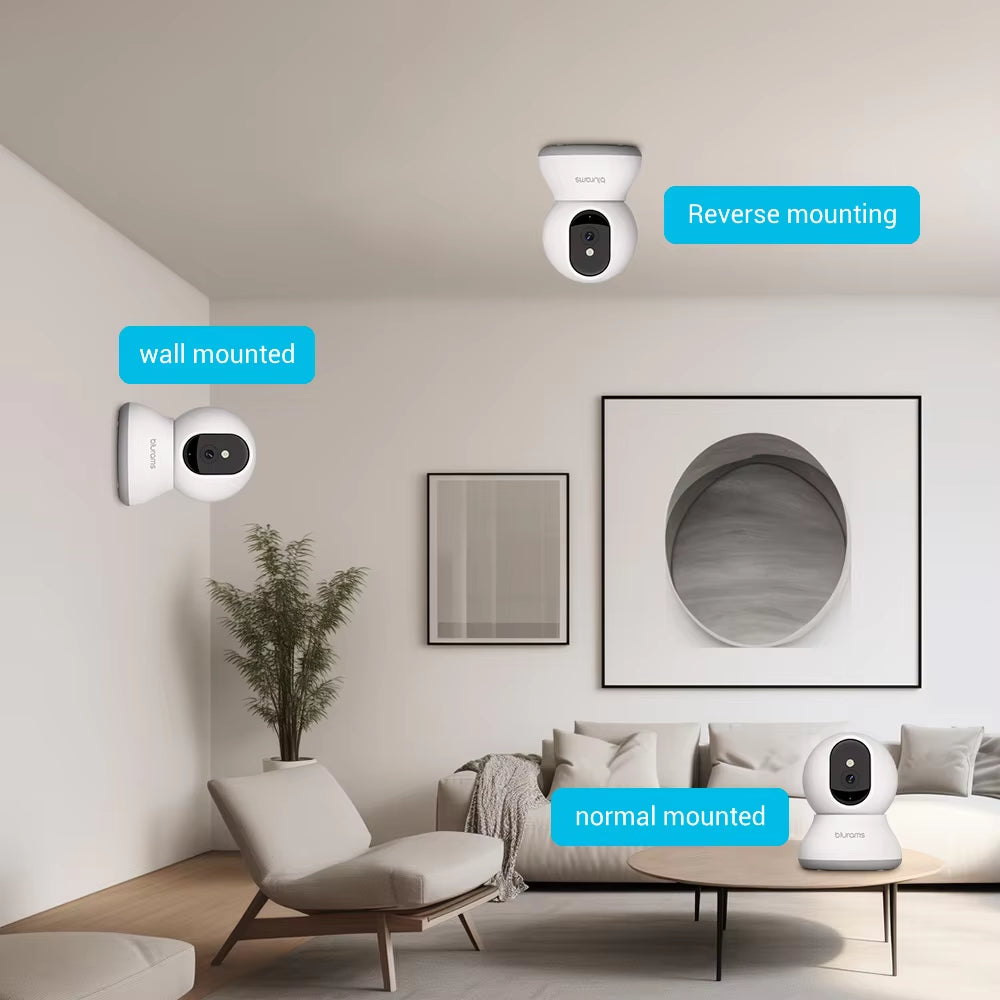 Pet Camera 2K 360° indoor security camera mounted in different positions for home pet monitoring.