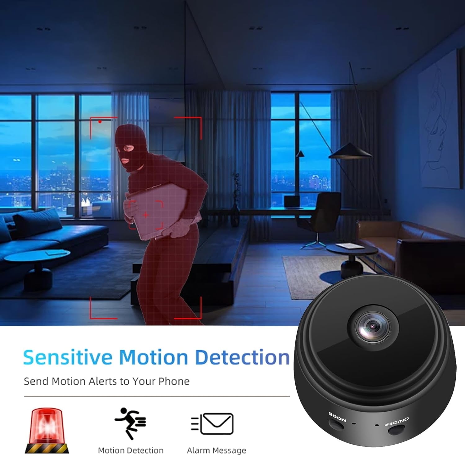 Mini spy camera with motion detection feature in a living room setting.