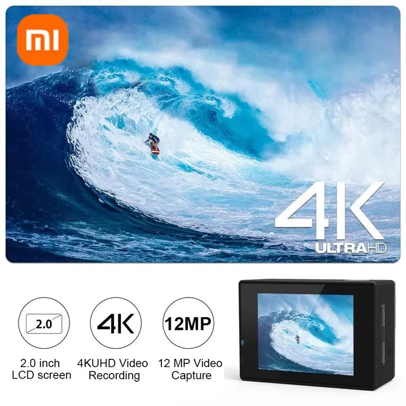 Xiaomi Action Camera Ultra HD 4K/30Fps with 2.0" LCD, capturing a surfer in a powerful wave, showcasing 4K video and 12MP image capability.