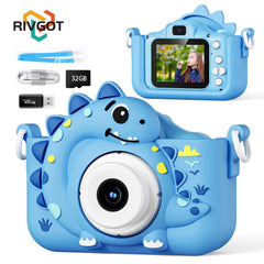 Cute mini kids camera with dinosaur design, 1080P HD video, 32G card, educational toy for birthdays.