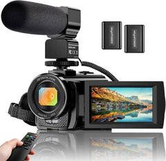 FHD 1080P vlogging camera with 270-degree rotating screen, 16X digital zoom, microphone, remote control, and two batteries.