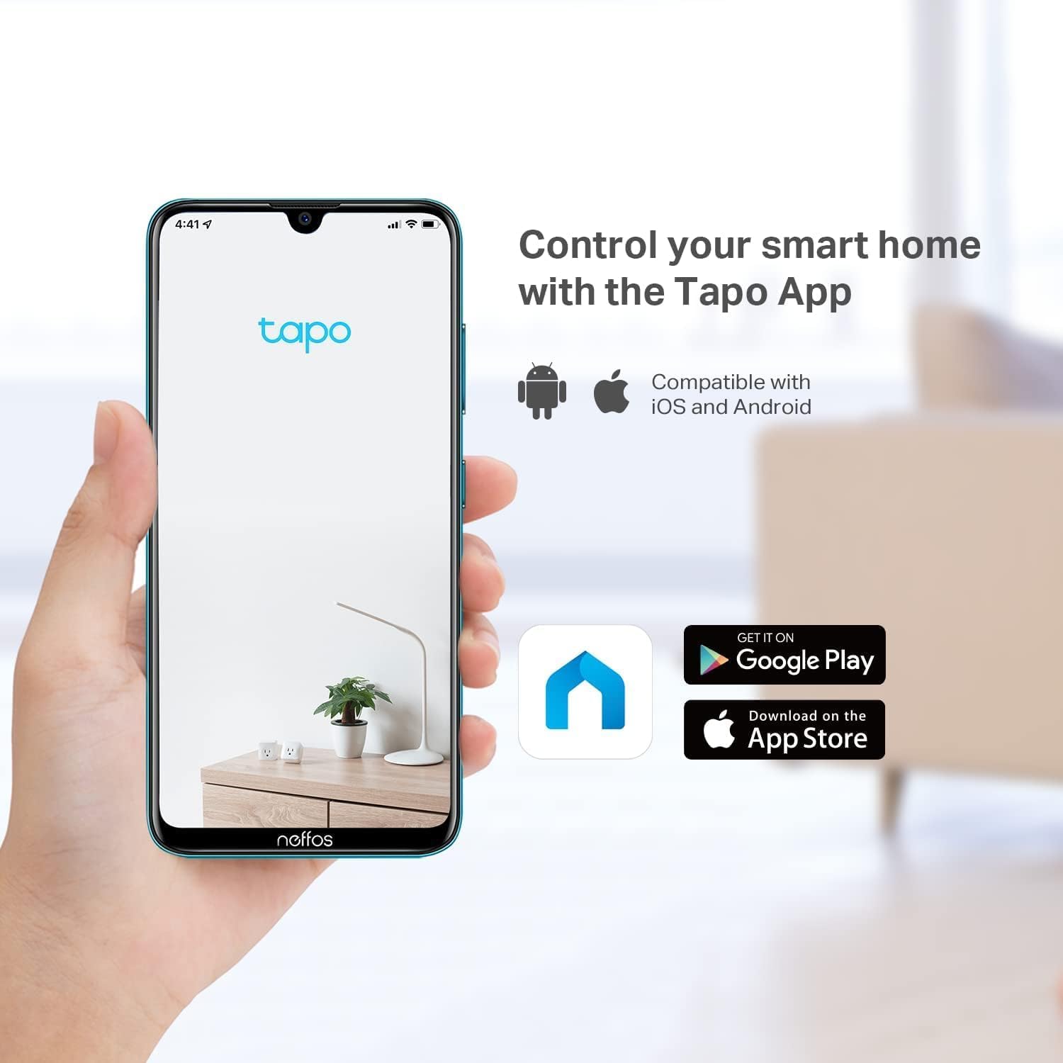 Control your smart home with Tapo App on smartphone; compatible with iOS and Android.