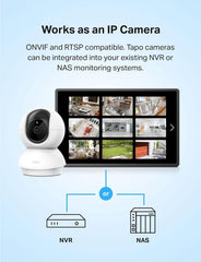 Tapo PanTilt Security Camera with IP compatibility, showing integration options with NVR and NAS systems.