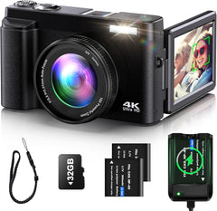 4K digital camera with flip screen, auto-focus, SD card, two batteries, charger, and wrist strap.