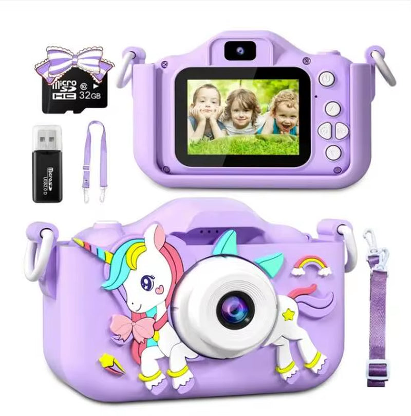 Mini kids camera with 32G SD card, unicorn design, purple color, perfect gift for children, 1080P HD video, silicone case.