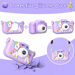 Mini kids camera with protective silicone case featuring a unicorn design, perfect as a toy for children.