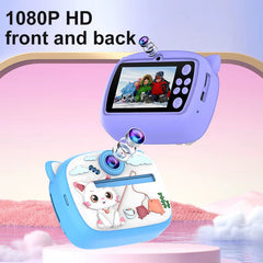 Adorable rabbit design digital camera for kids with instant thermal printing and 32G memory.