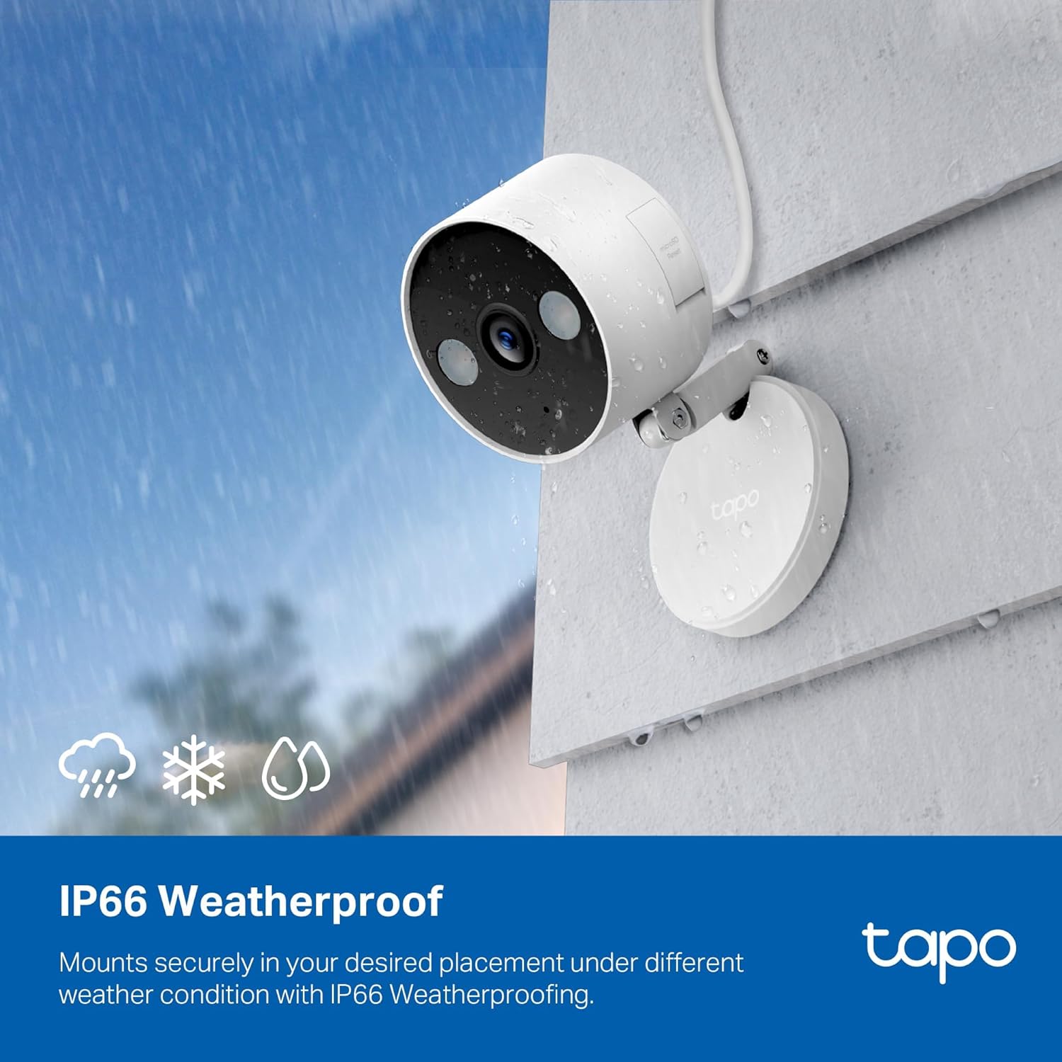 2K QHD Security Camera, IP66 Weatherproof, indoor/outdoor use, with color night vision and AI detection.