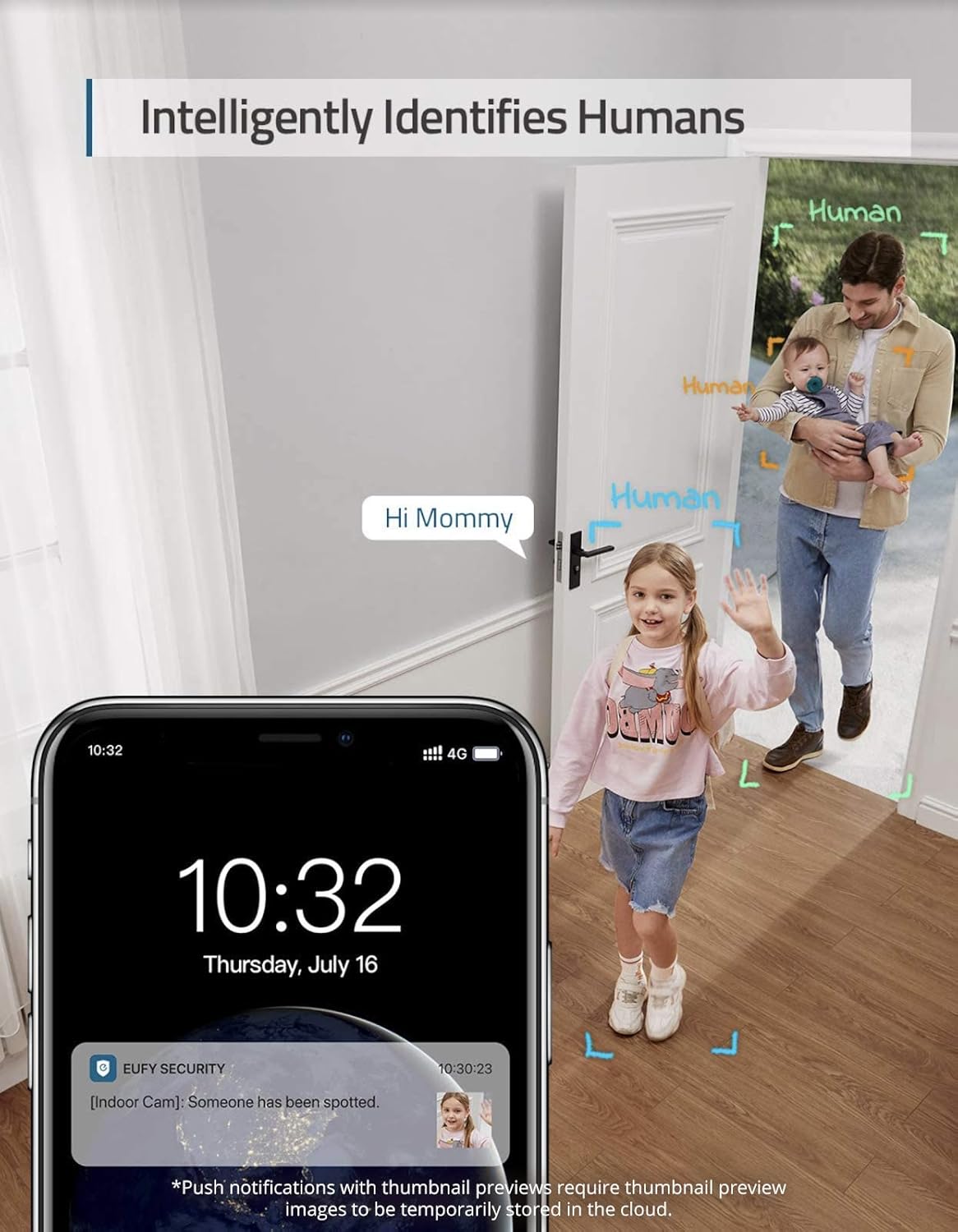 Indoor Cam E220 Camera intelligently identifies humans with AI technology, providing enhanced home security alerts via mobile notification.