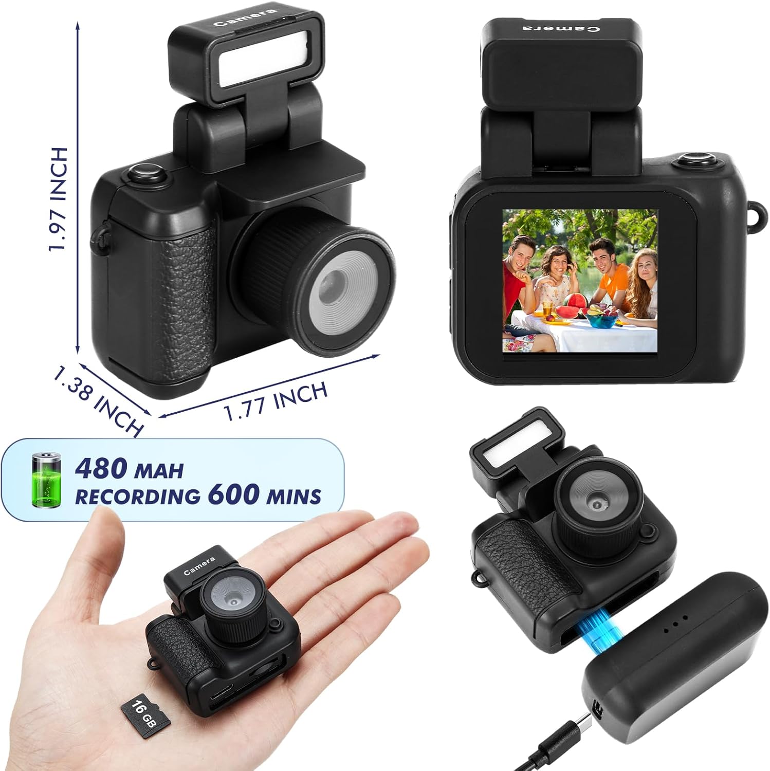 16GB Mini Keychain Camera with Flash, 1080P HD, compact retro design, portable micro video camcorder with 600-minute battery life.